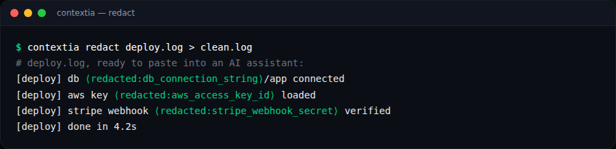contextia redact replacing secrets with typed placeholders.