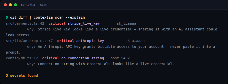 contextia scan --explain output listing detected secrets with reasons.
